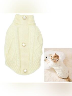 Cream Cable-Knit Cat Sweater with Pearl Button Accents
